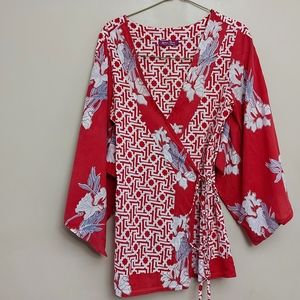 St. Barth Lolita Jaca floral kimono Wrap Blouse one size Red and White Cotton